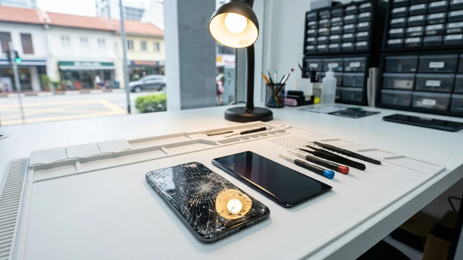 A cracked smartphone screen next to a fresh replacement OLED panel on a clean repair bench in a Singapore phone repair shop