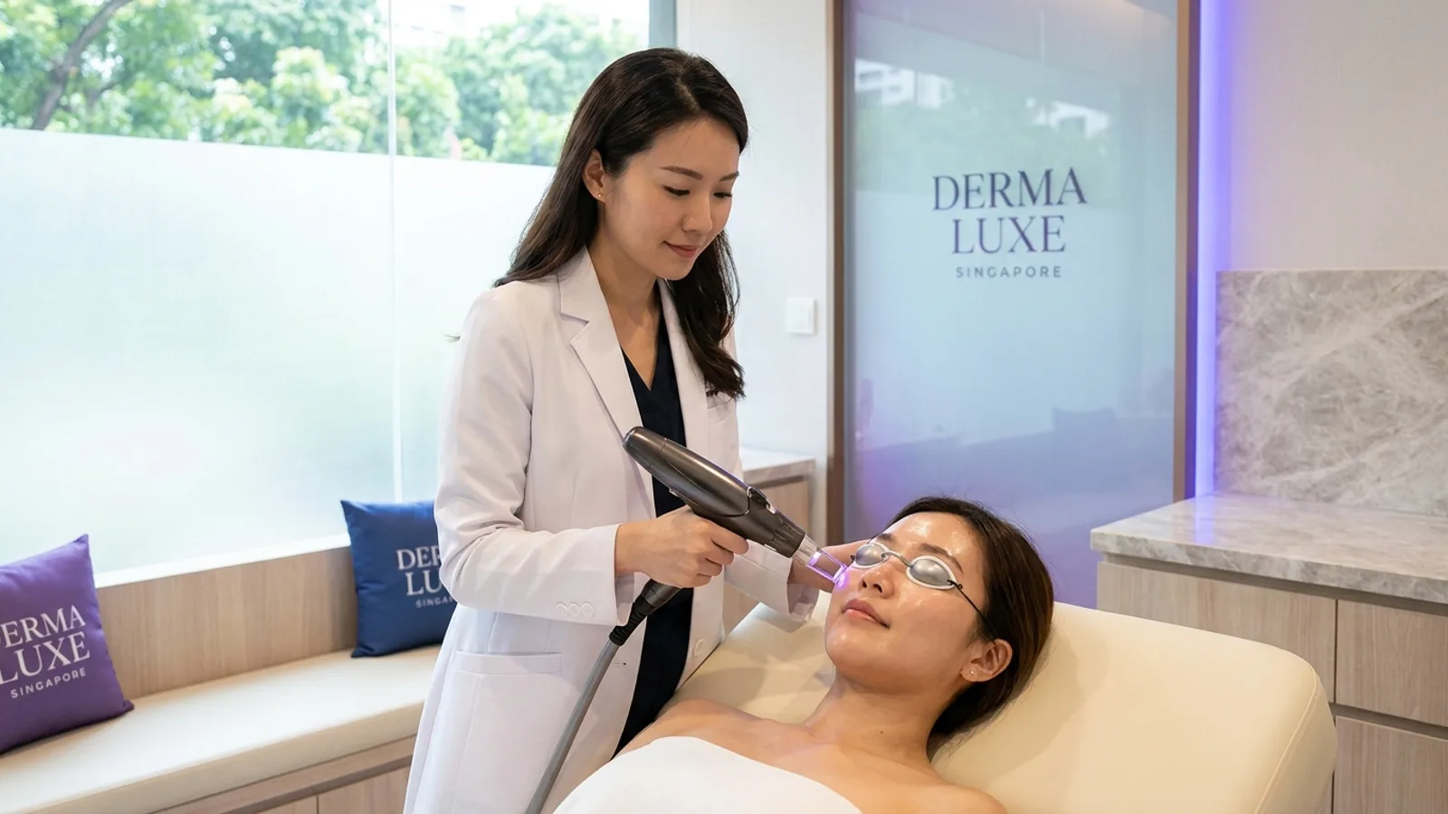 A doctor performing a pico laser treatment for pigmentation on a patient in a Singapore aesthetic clinic