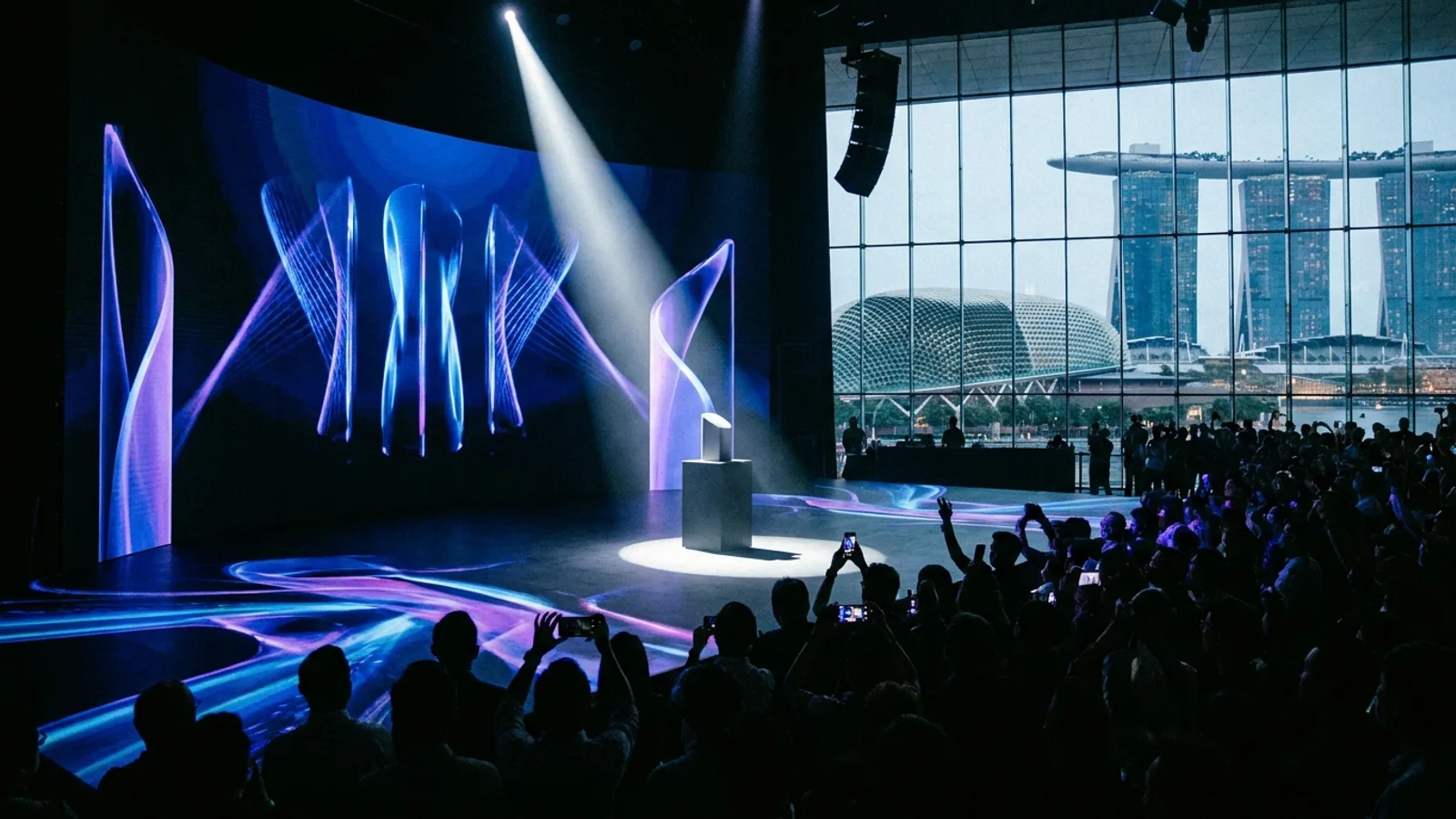A dramatic corporate product launch on a dark stage in Singapore with a product revealed under a spotlight and a large LED screen
