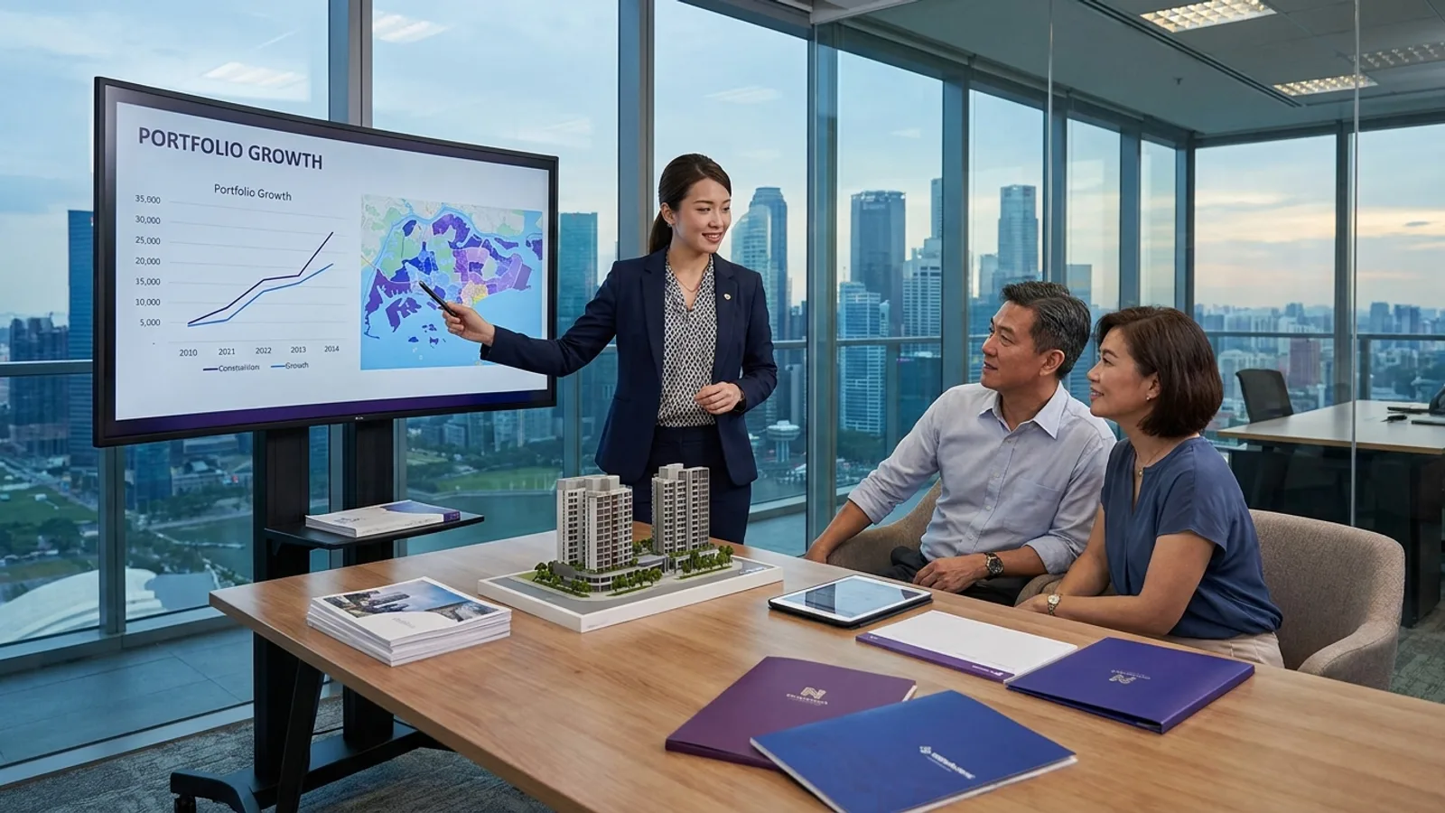 A property investment consultant presenting a portfolio growth chart and city property map to a couple in a modern Singapore high-rise office