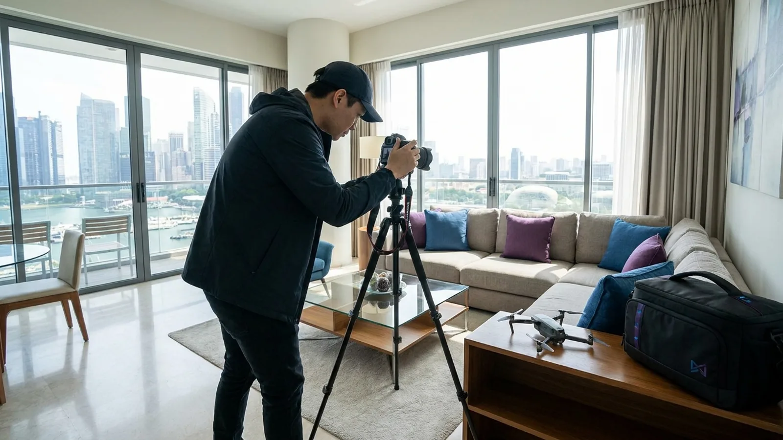 A professional real estate photographer with a camera on a tripod capturing a bright modern Singapore condominium interior
