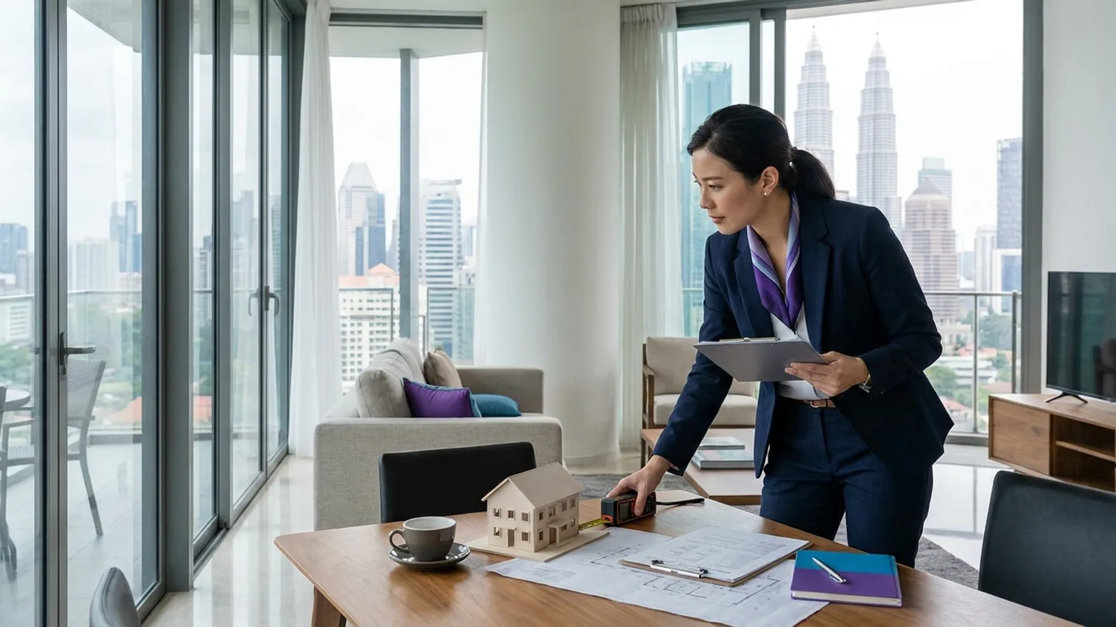 A professional property valuer with a tablet and clipboard assessing a bright modern Singapore condominium interior