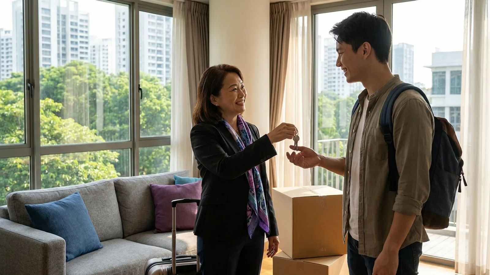 A rental agent handing apartment keys to a young professional tenant in a bright furnished Singapore condominium living room