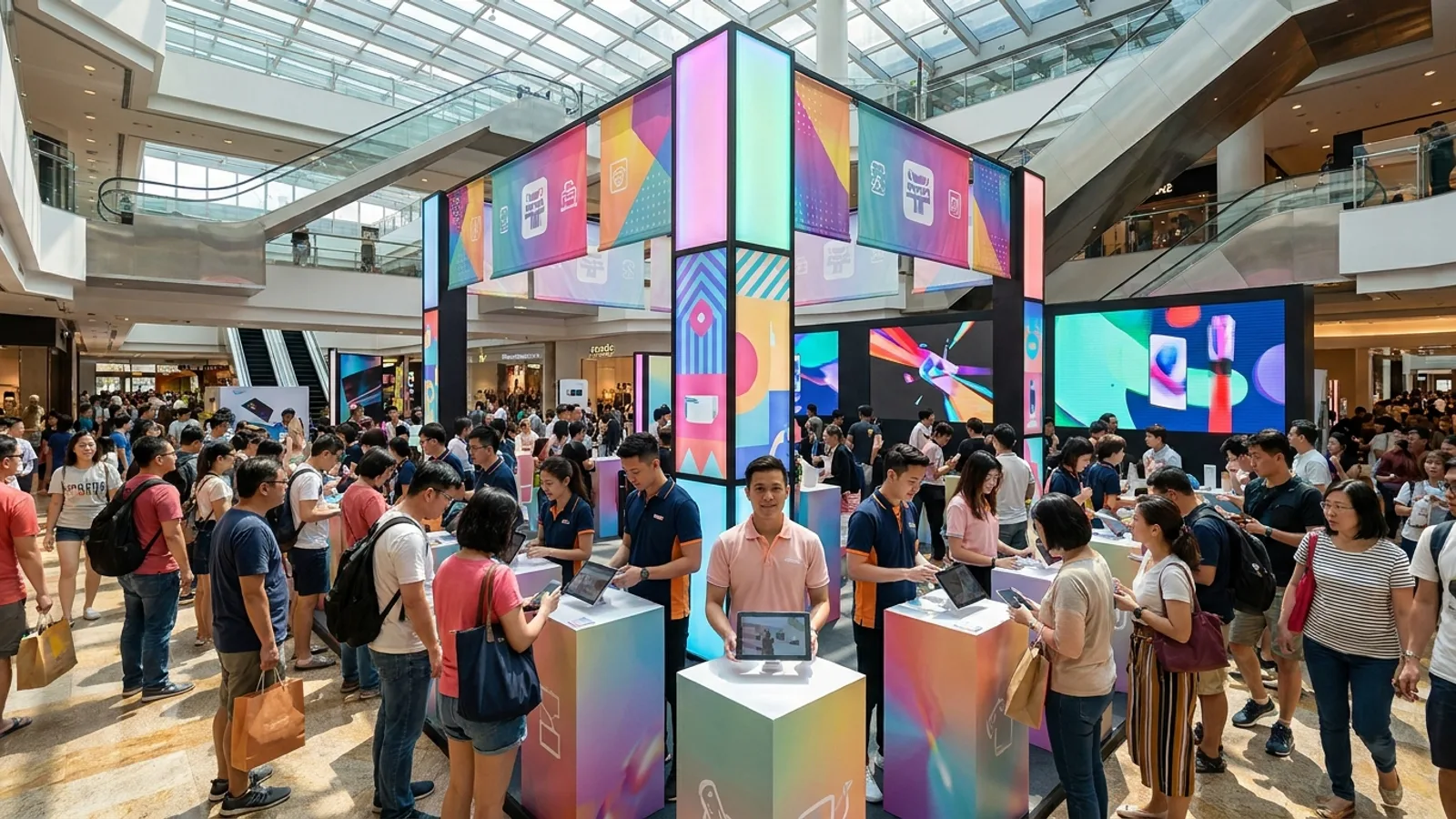 A busy brand activation roadshow in a Singapore shopping mall atrium with a branded booth, product demo and a crowd of shoppers