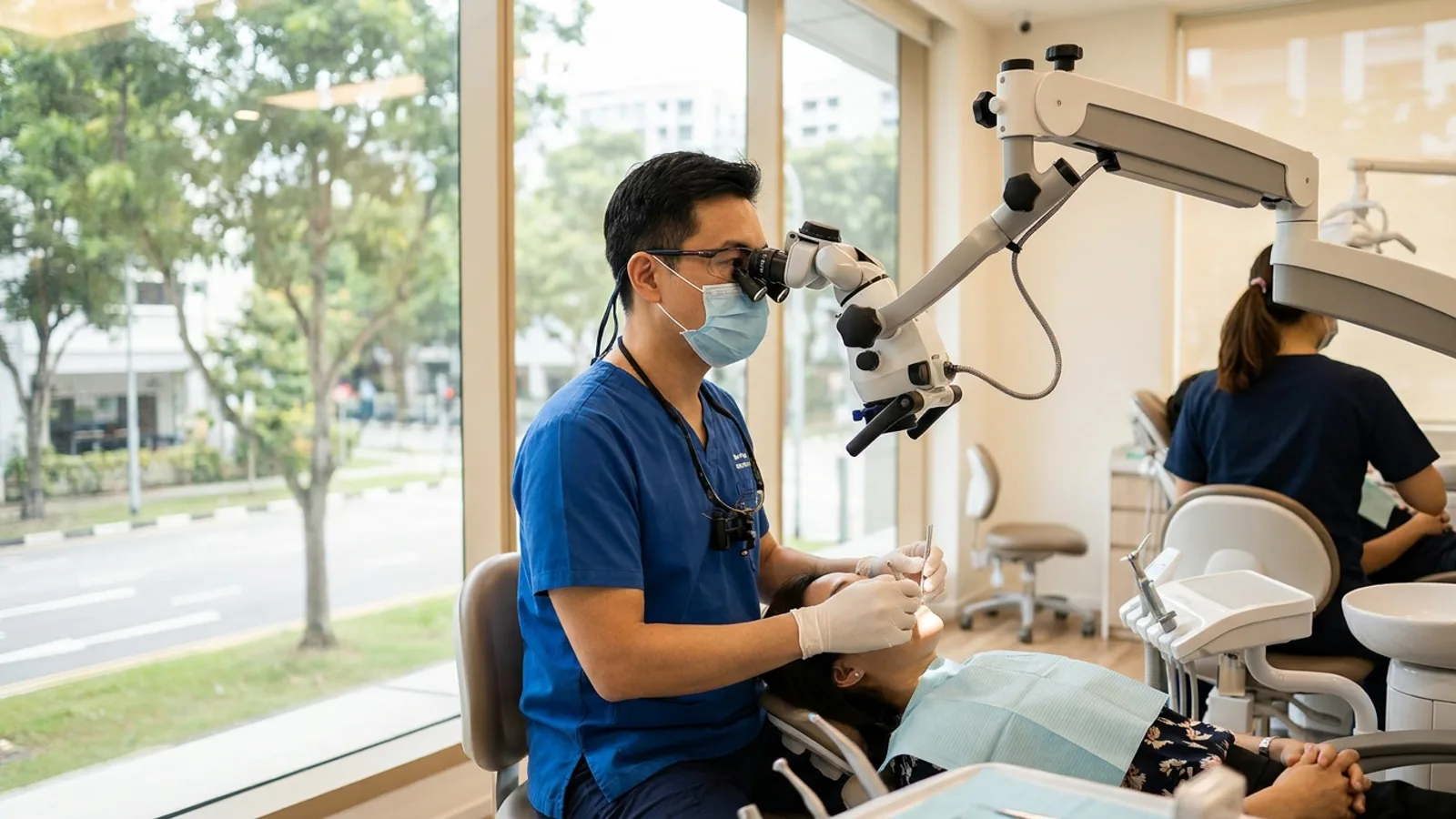 A dentist examining a patient's tooth before root canal treatment in a modern dental clinic in Singapore