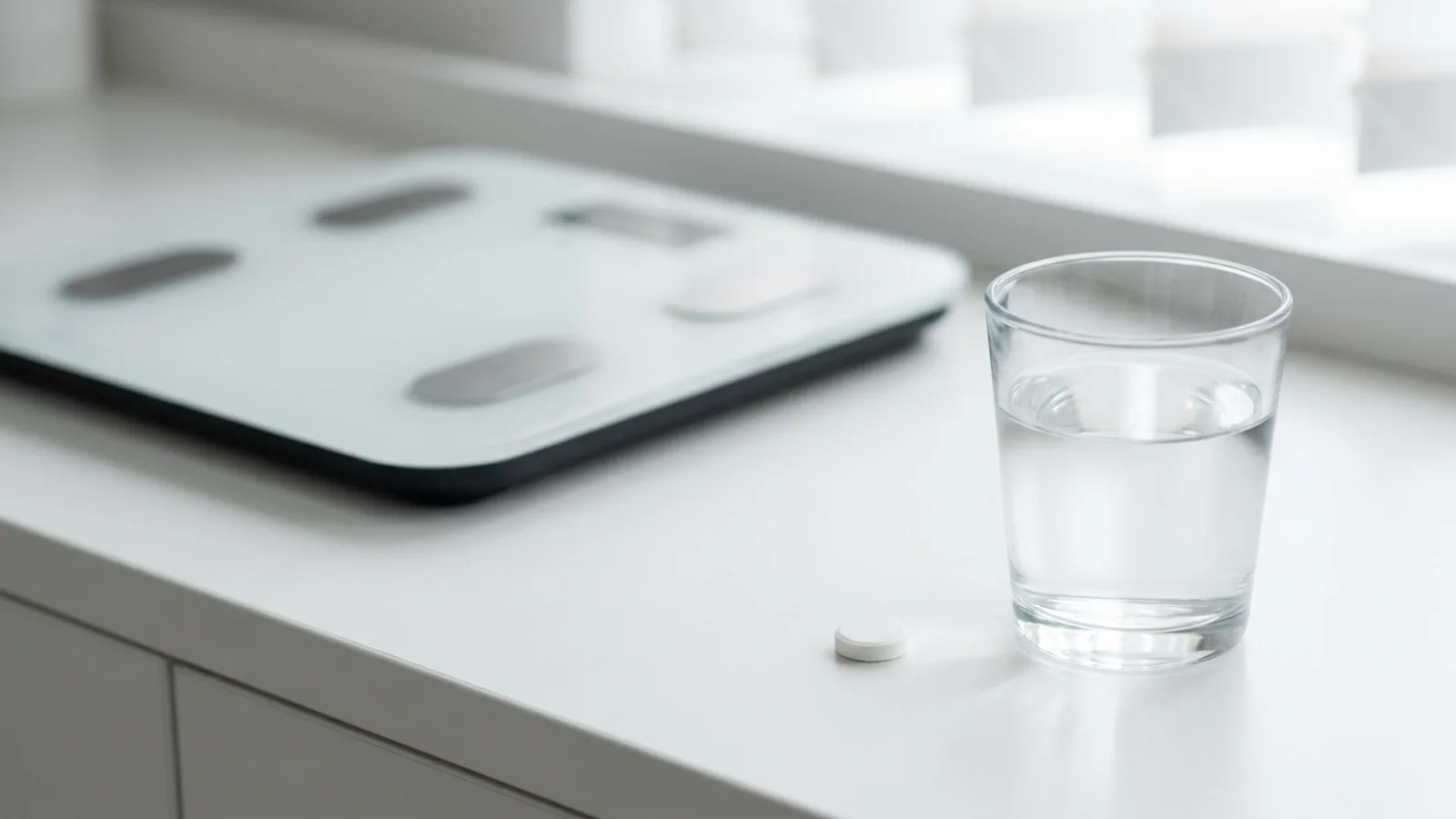Bright modern Singapore weight management clinic with a glass of water and a small oral tablet on a clean consultation desk