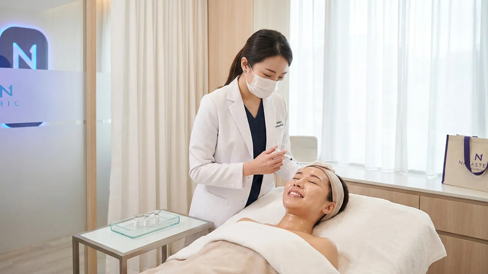 A doctor giving a skinbooster treatment to a patient with glowing skin in a Singapore aesthetic clinic