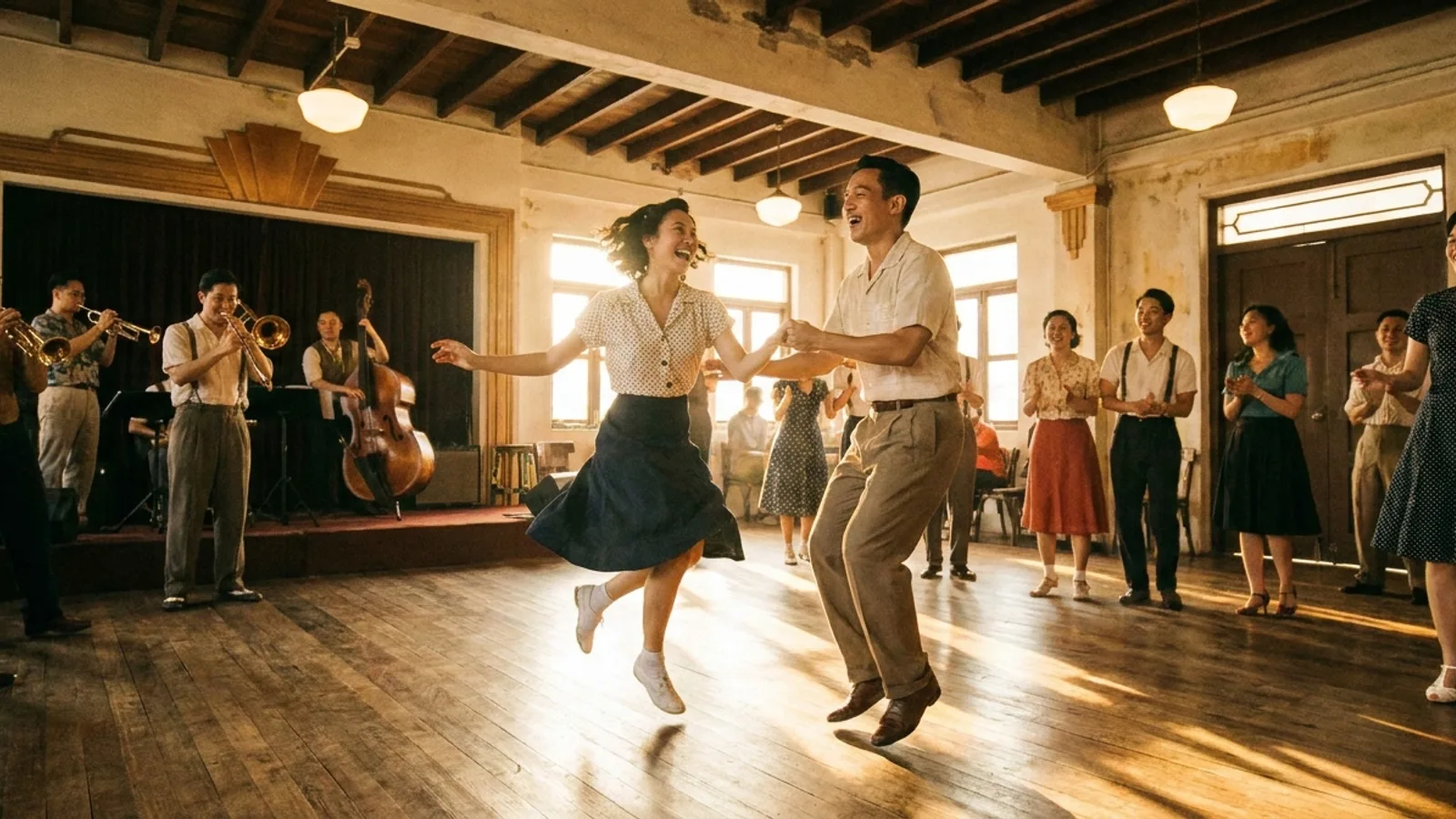 A joyful couple mid-swingout during a Lindy Hop social dance in a warmly lit Singapore studio with a live jazz band in the background