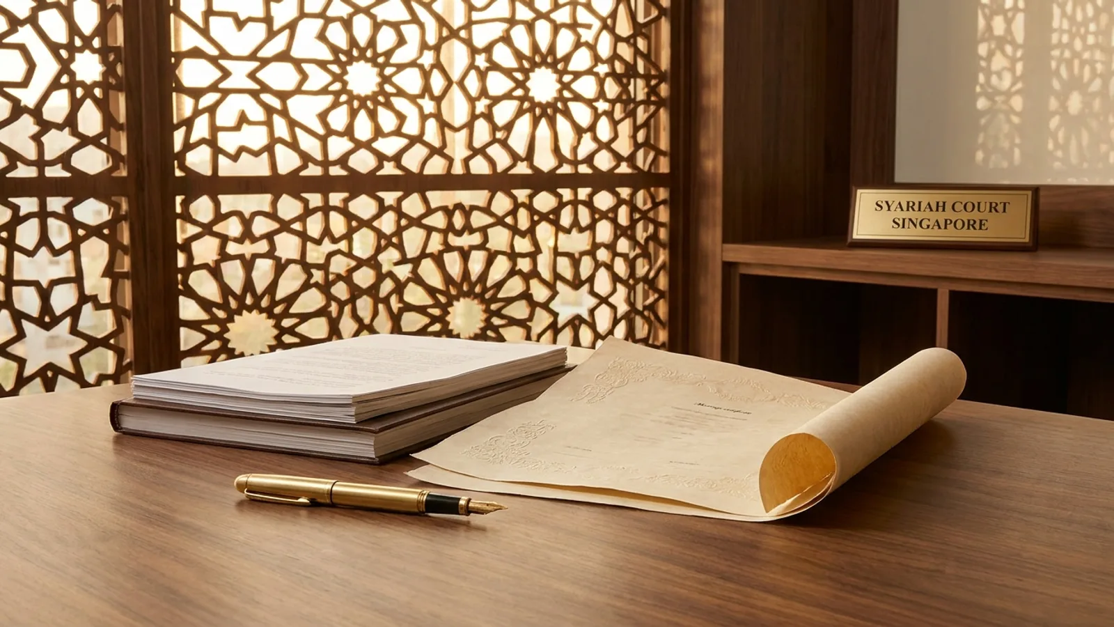 A Muslim couple sitting separately with a Syariah family lawyer reviewing divorce documents in a Singapore office