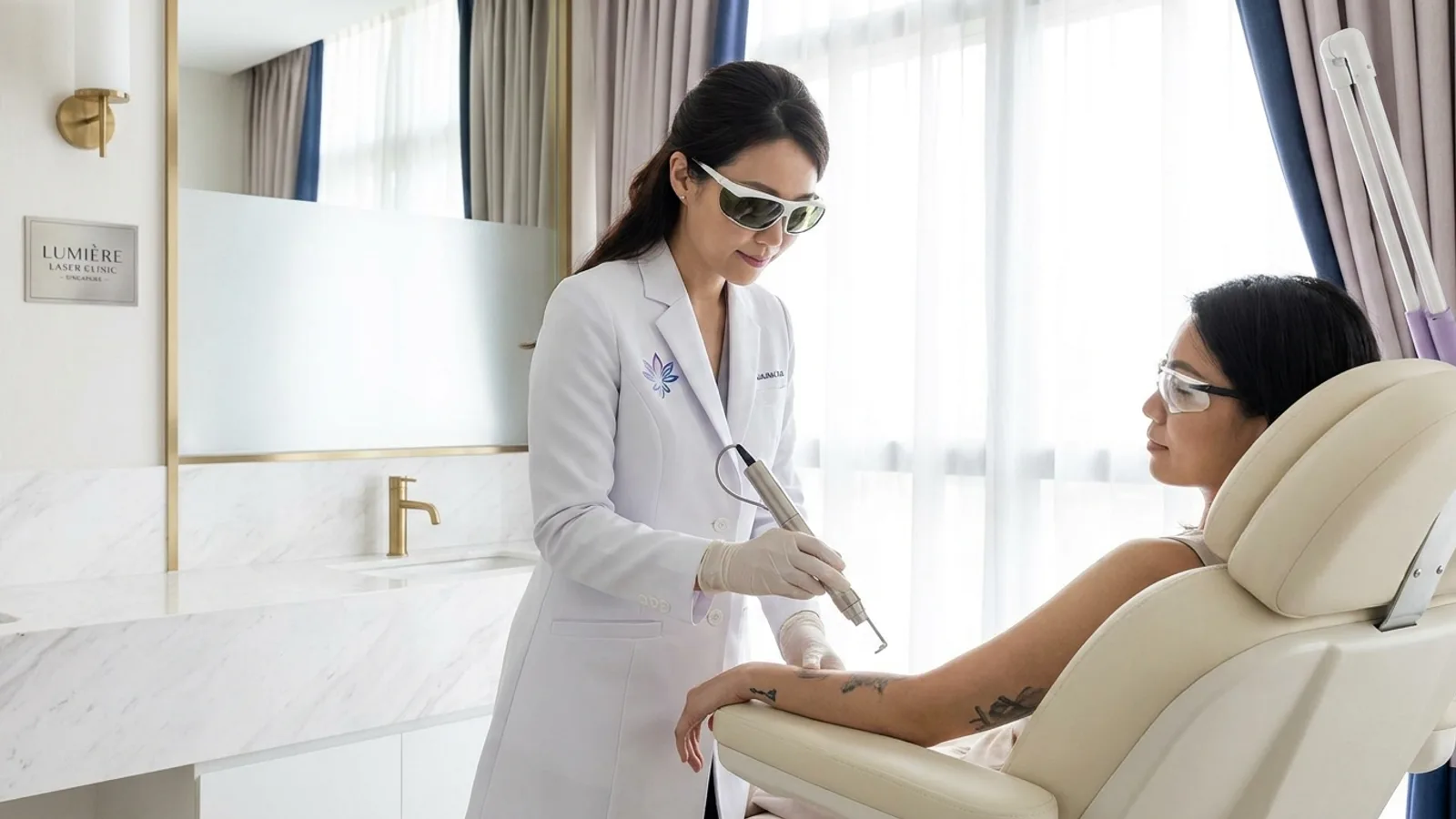 A doctor performing laser tattoo removal on a client forearm in a Singapore clinic