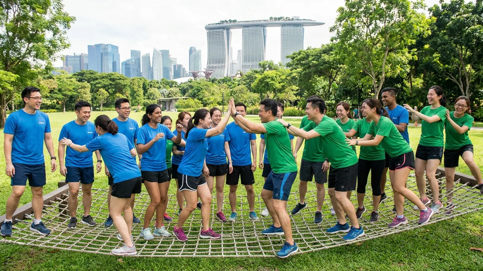 A corporate team building activity outdoors in Singapore with colleagues doing a collaborative challenge and high-fiving