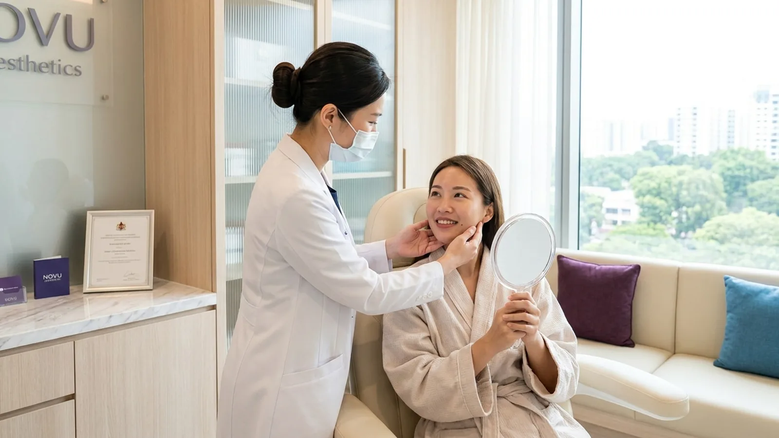 A doctor assessing a patient jawline for a thread lift in a modern Singapore aesthetic clinic