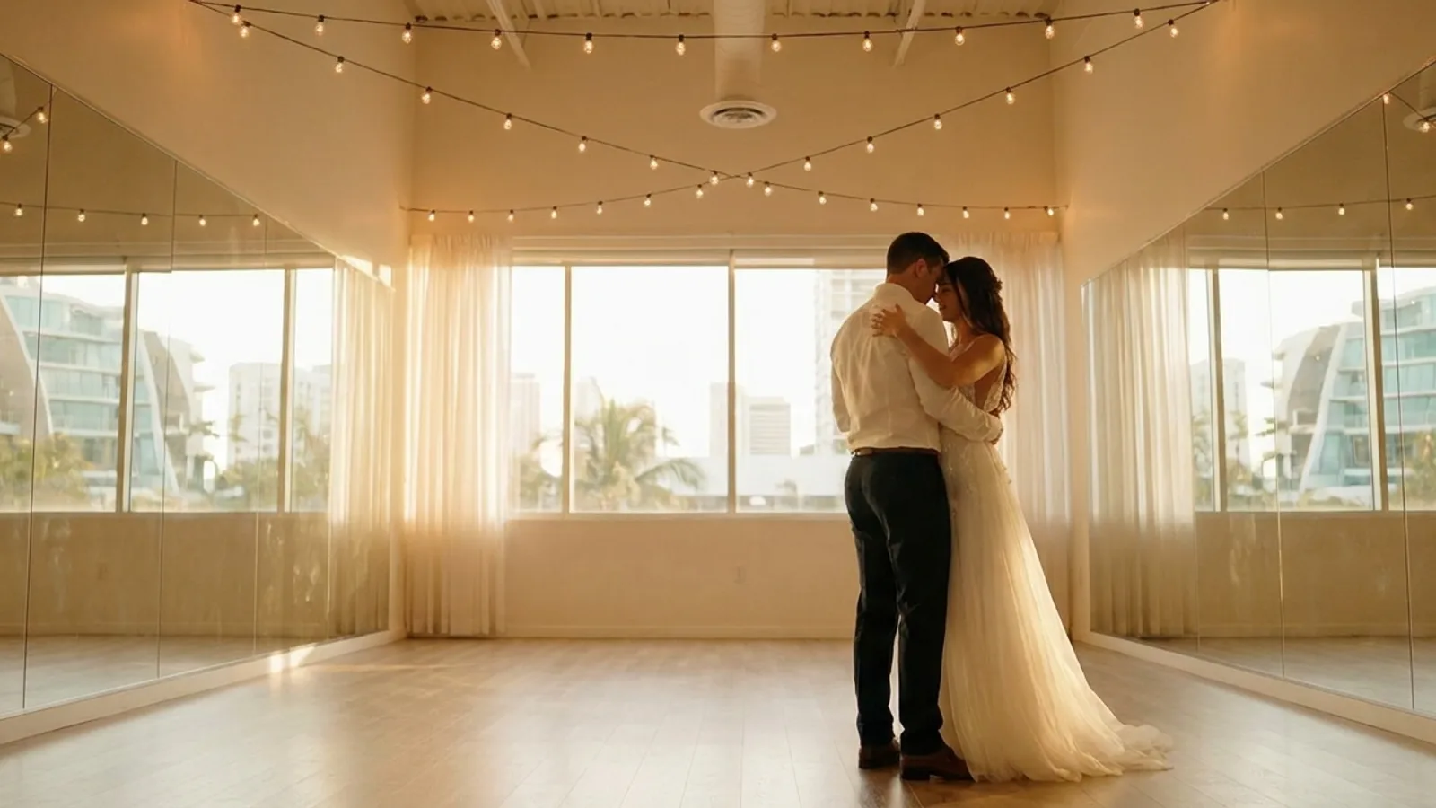 A newlywed couple practising their first dance together in a bright Singapore dance studio with mirrored walls and warm lighting