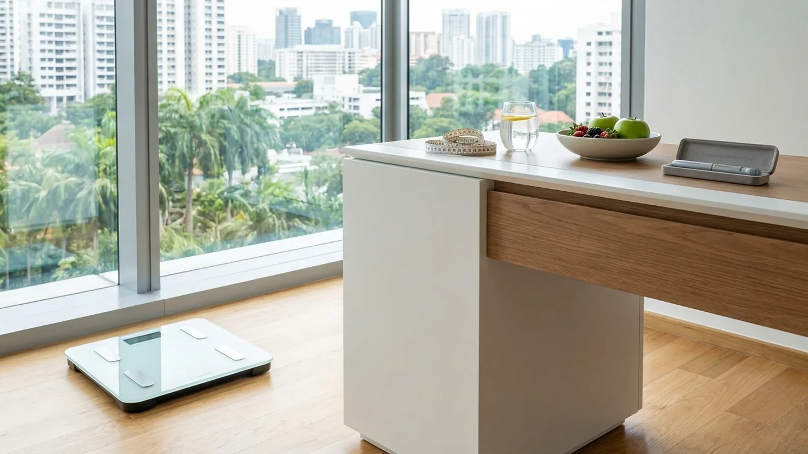 Bright modern Singapore medical weight loss clinic consultation room with a body composition scale and healthy food