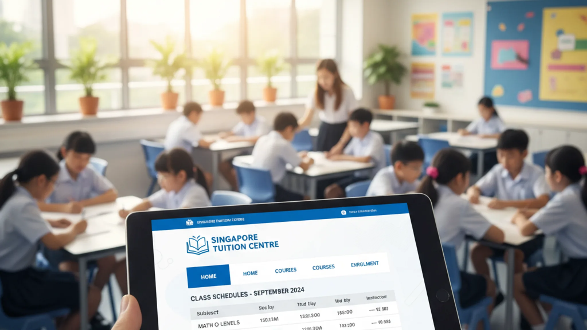 Modern tuition centre website displayed on a tablet showing class schedules and enrolment form in a bright Singapore classroom setting