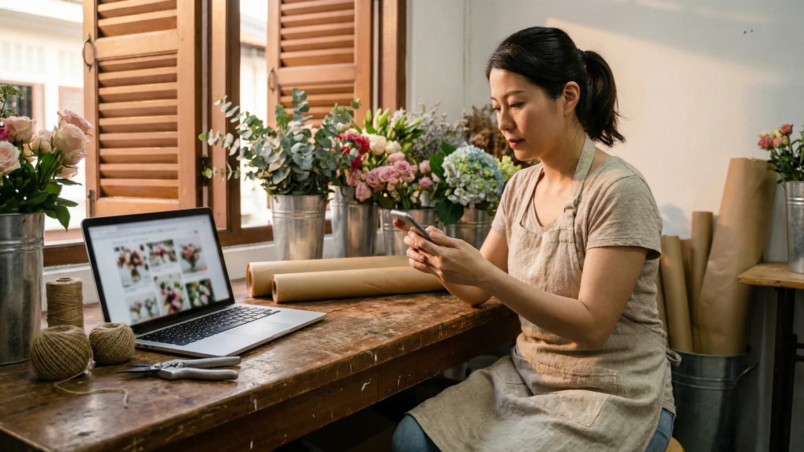 Florist in a Joo Chiat shophouse checking a test order on her phone after a WordPress PHP version update