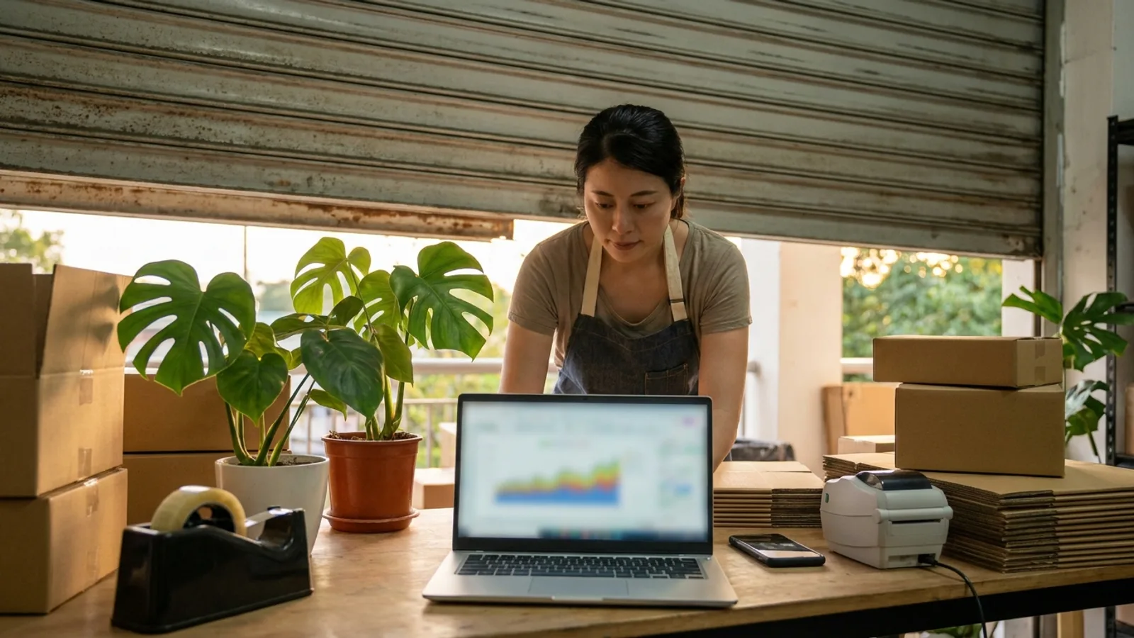 Online plant shop owner at her packing table checks site traffic on a laptop, weighing up a web application firewall