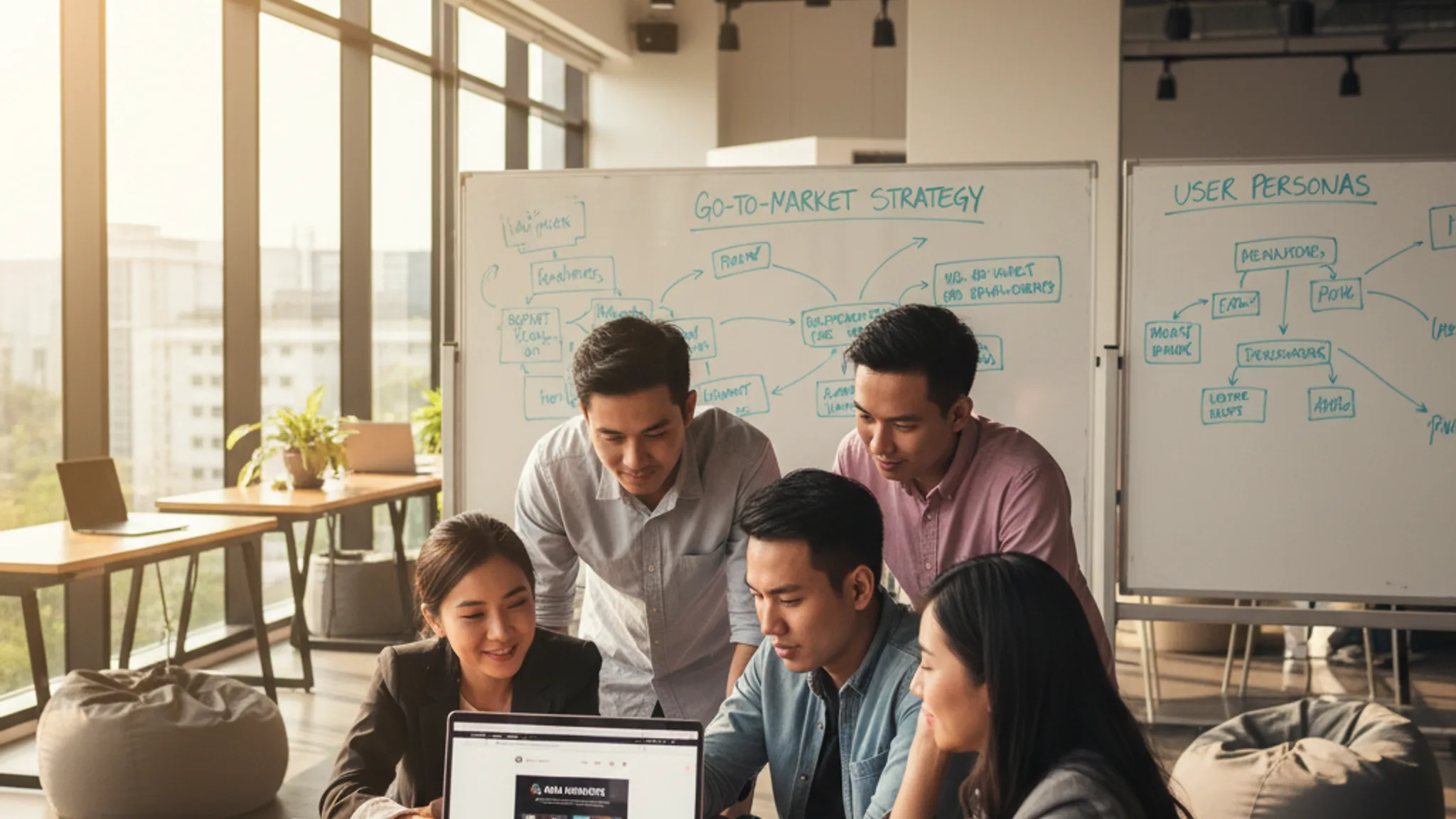 Singapore startup team reviewing their new website design on a laptop in a modern co-working space