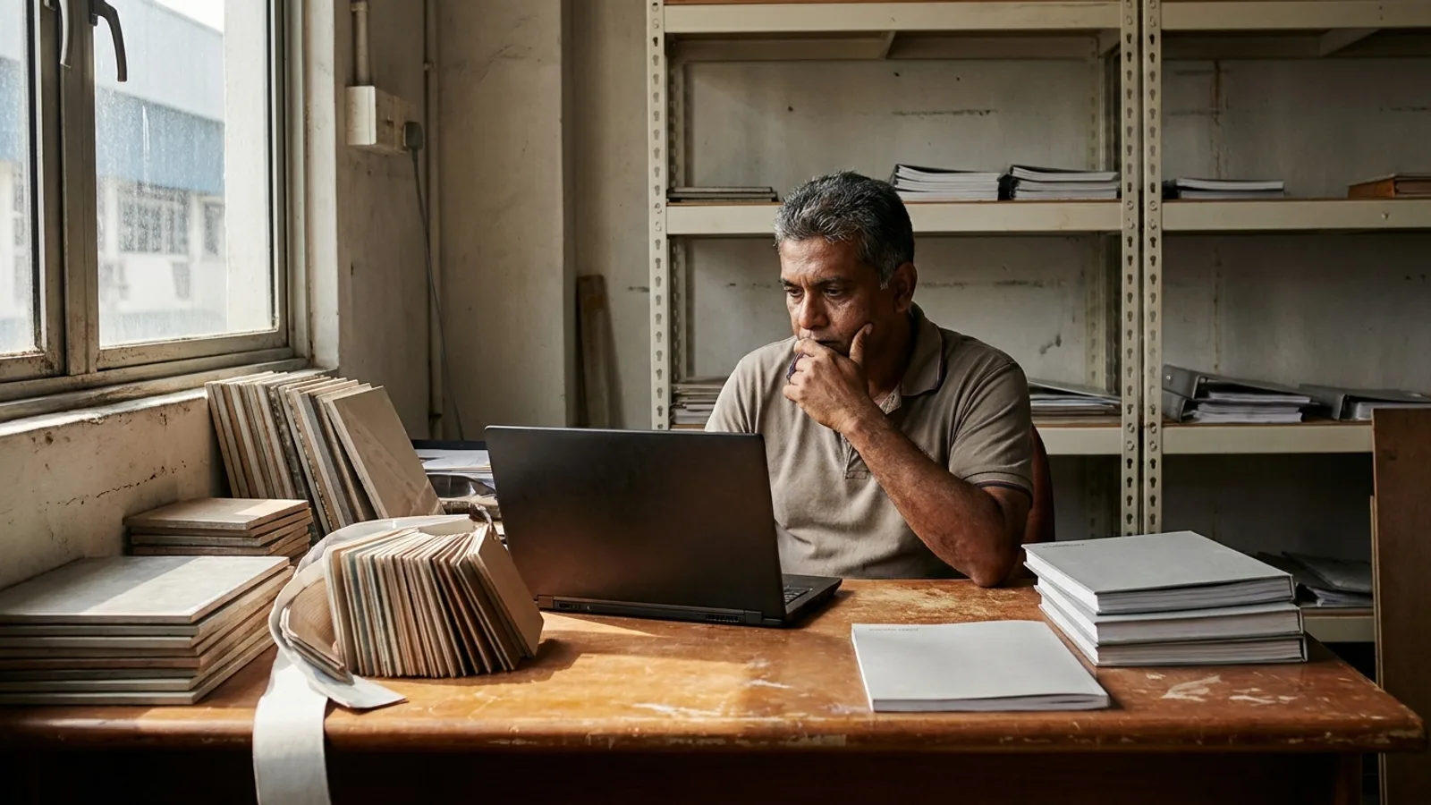 Renovation company owner at his desk in an Ubi showroom office, reading up on what an SEO agency does