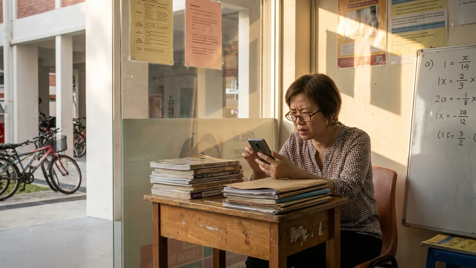 Tuition centre owner in a Bishan HDB shop unit reading on her phone about what PHP is