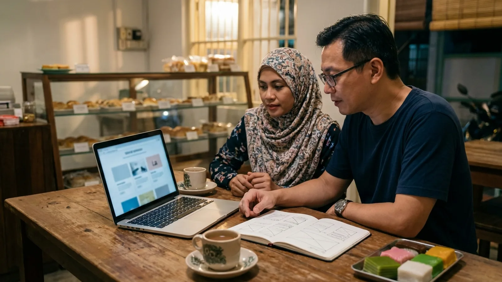 Two bakery owners in a Joo Chiat shophouse comparing WordPress alternatives on a laptop over kopi and kueh