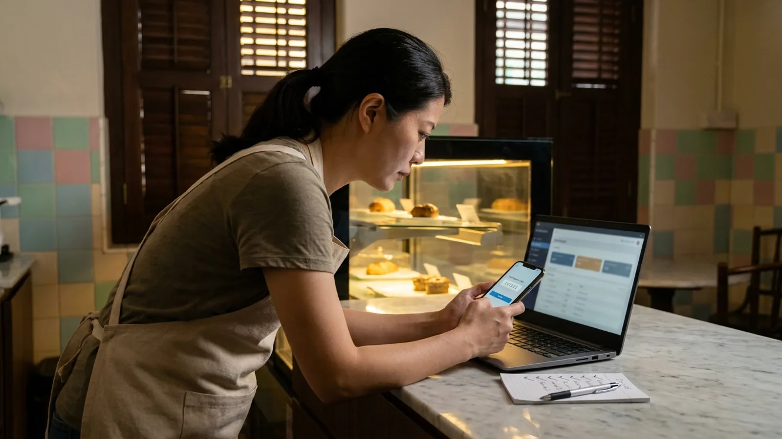Bakery owner in a Joo Chiat shophouse checks a sign-in code on her phone beside her WordPress security checklist