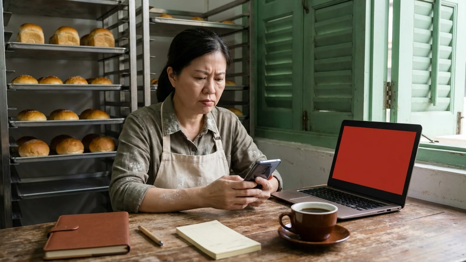 Joo Chiat bakery owner checks her phone beside a red laptop screen after finding her WordPress hacked