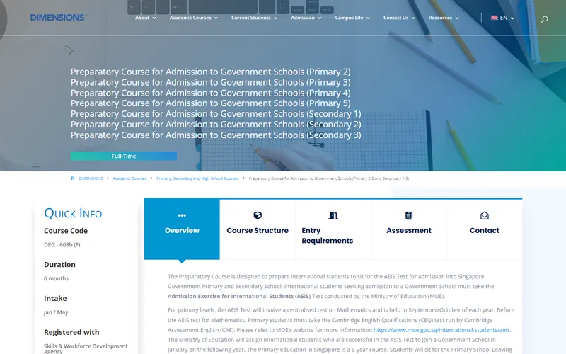 Dimensions International College AEIS preparatory course page