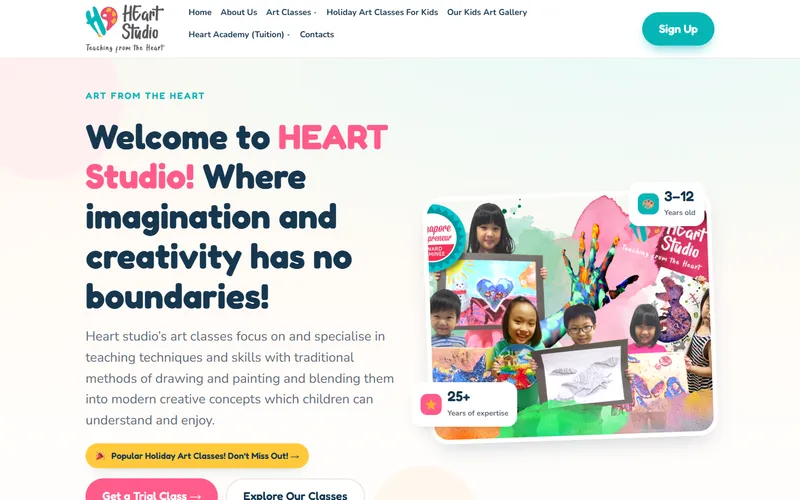 Heart Studio art classes for kids homepage screenshot