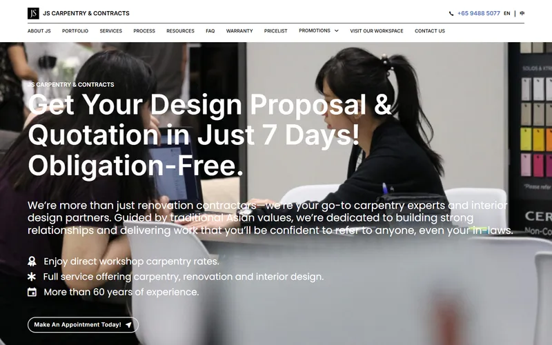 JS Carpentry and Contracts Singapore website homepage