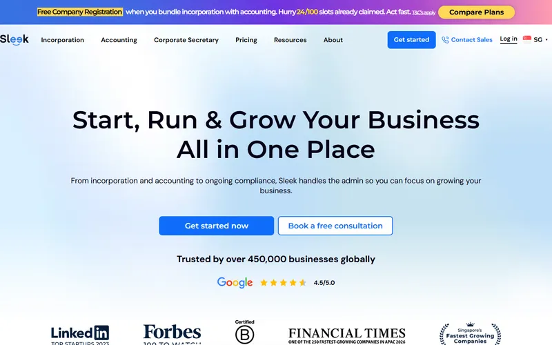 Sleek company incorporation Singapore homepage