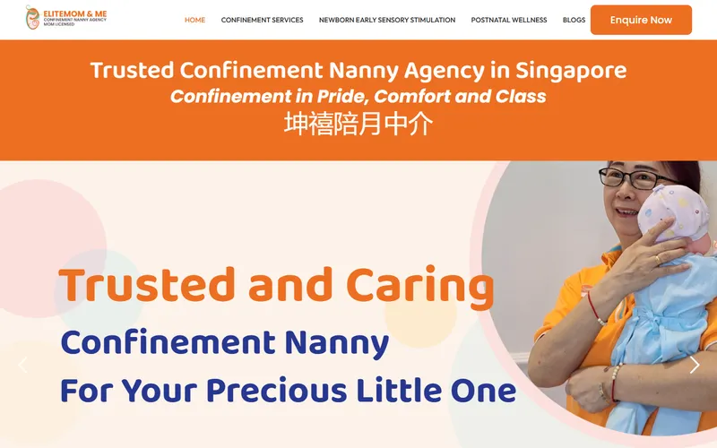 EliteMom and Me confinement nanny homepage screenshot