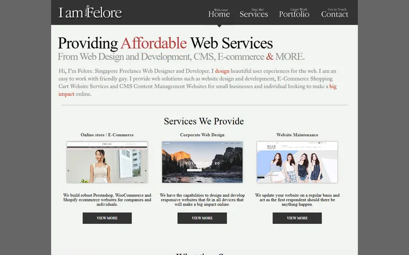 Felore freelance web designer Singapore homepage