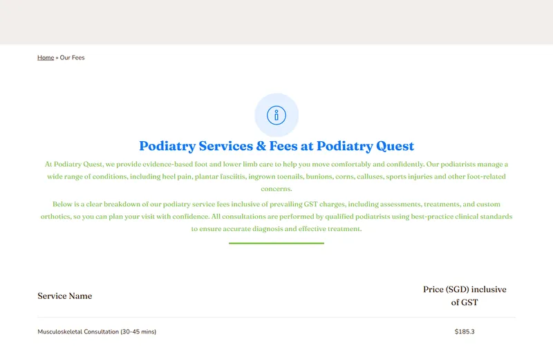 Podiatry Quest fees page
