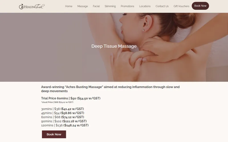 Healing Touch Spa deep tissue massage page