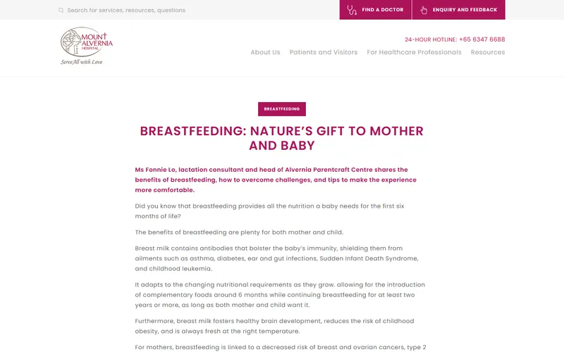 Mount Alvernia Parentcraft breastfeeding page
