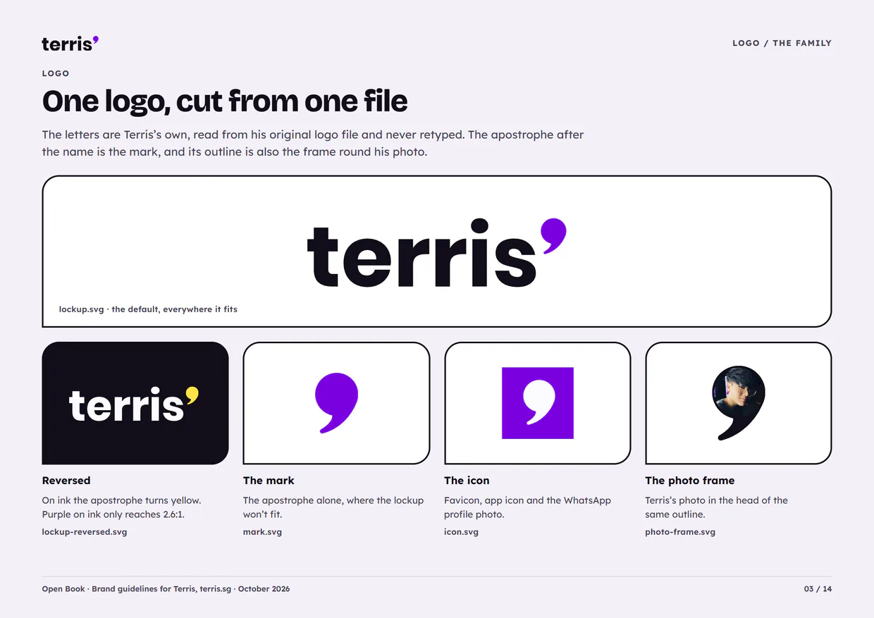 Page 3 of Terris's own brand guide: the terris’ logo in ink with a purple apostrophe, then the reversed logo on ink, the apostrophe on its own, the purple app icon and Terris's photo inside the apostrophe