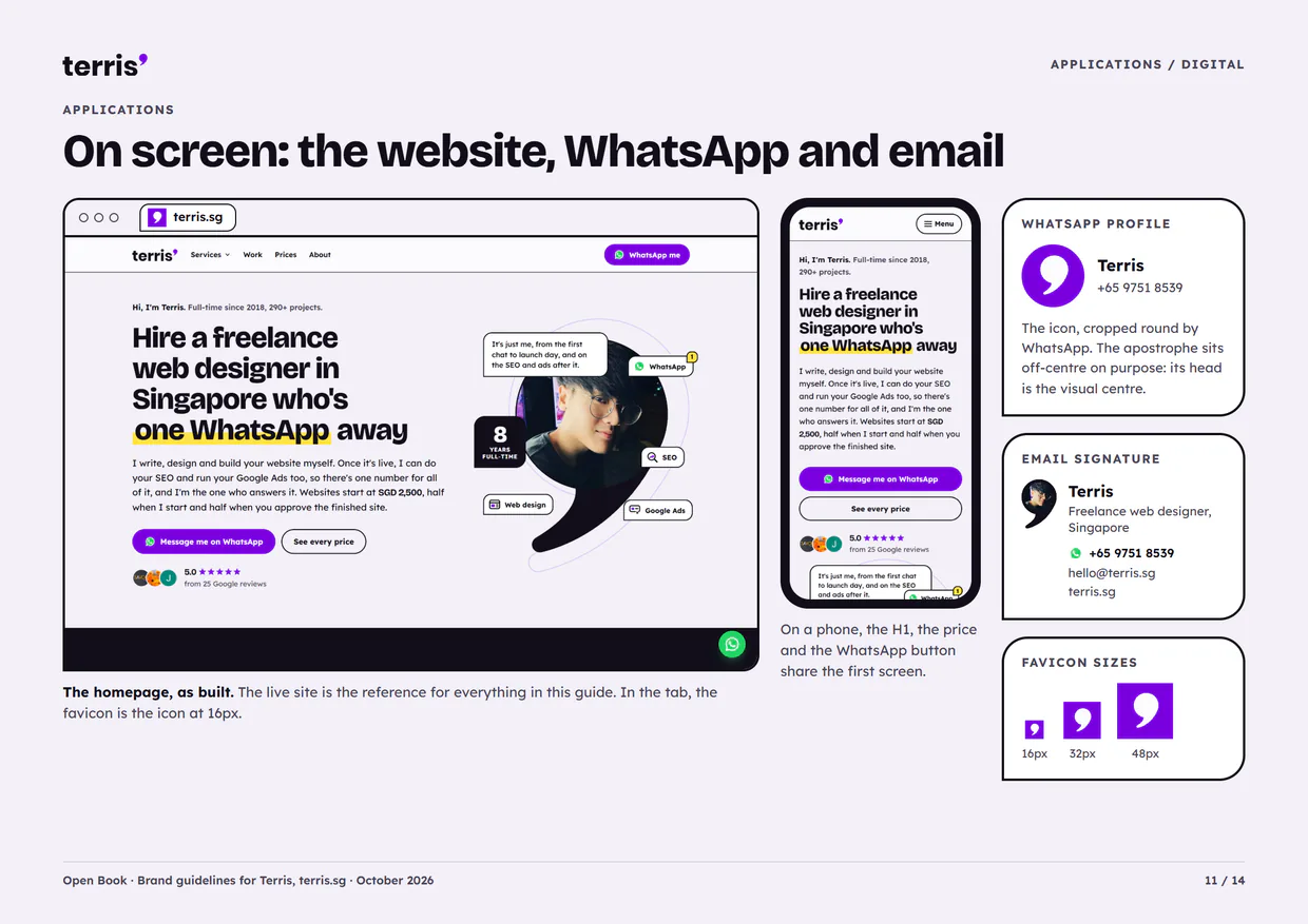 Page 11 of Terris's own brand guide: the terris.sg homepage on a desktop and on a phone, his WhatsApp profile picture, his email signature and the favicon at three sizes