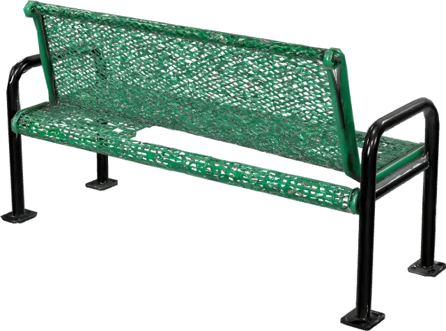A green perforated steel park bench on a black steel frame