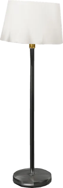 A floor lamp with a black stem and a cream linen shade