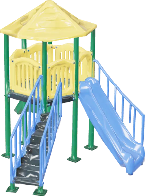 A playground tower with a yellow roof, a staircase and a blue slide