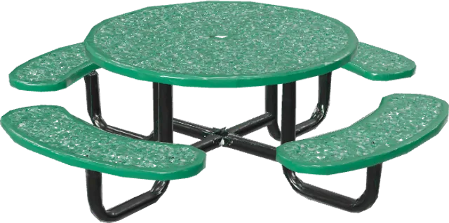 A round green perforated steel picnic table with four attached seats