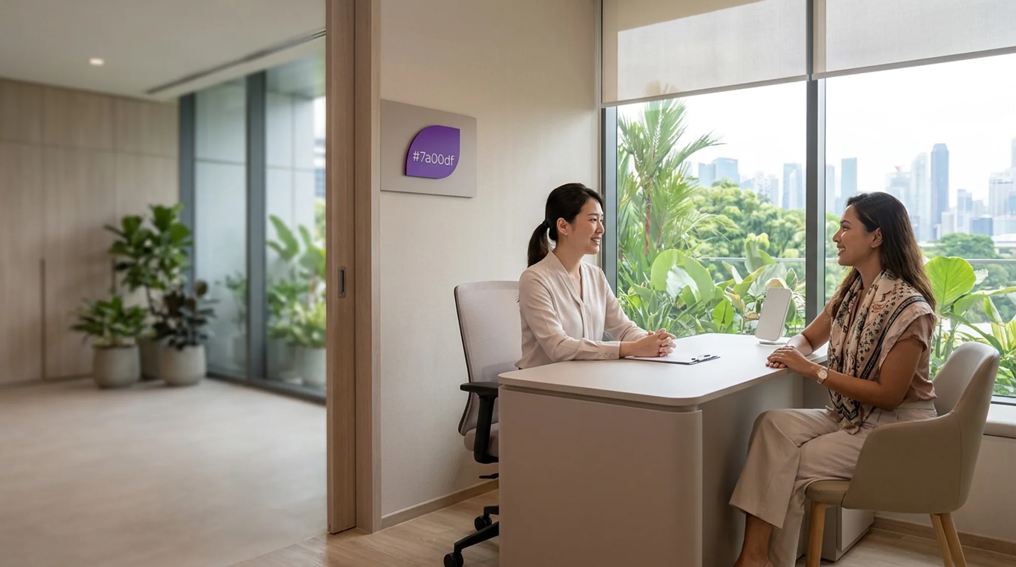 Aesthetic clinic treatment room in Singapore with a consultant and a tablet showing aesthetic treatment search results
