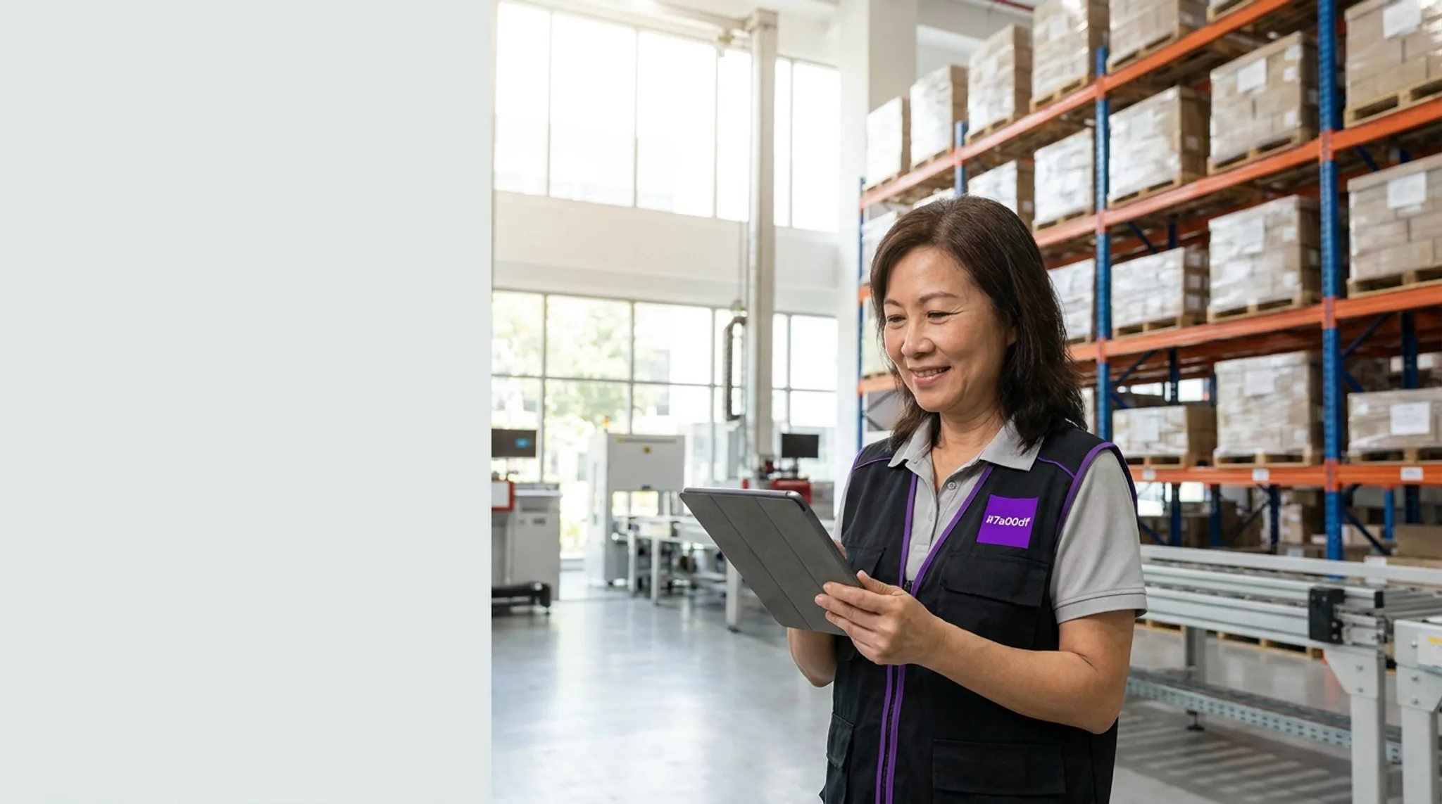 B2B warehouse in Singapore with a procurement manager reviewing a supplier quote on a tablet