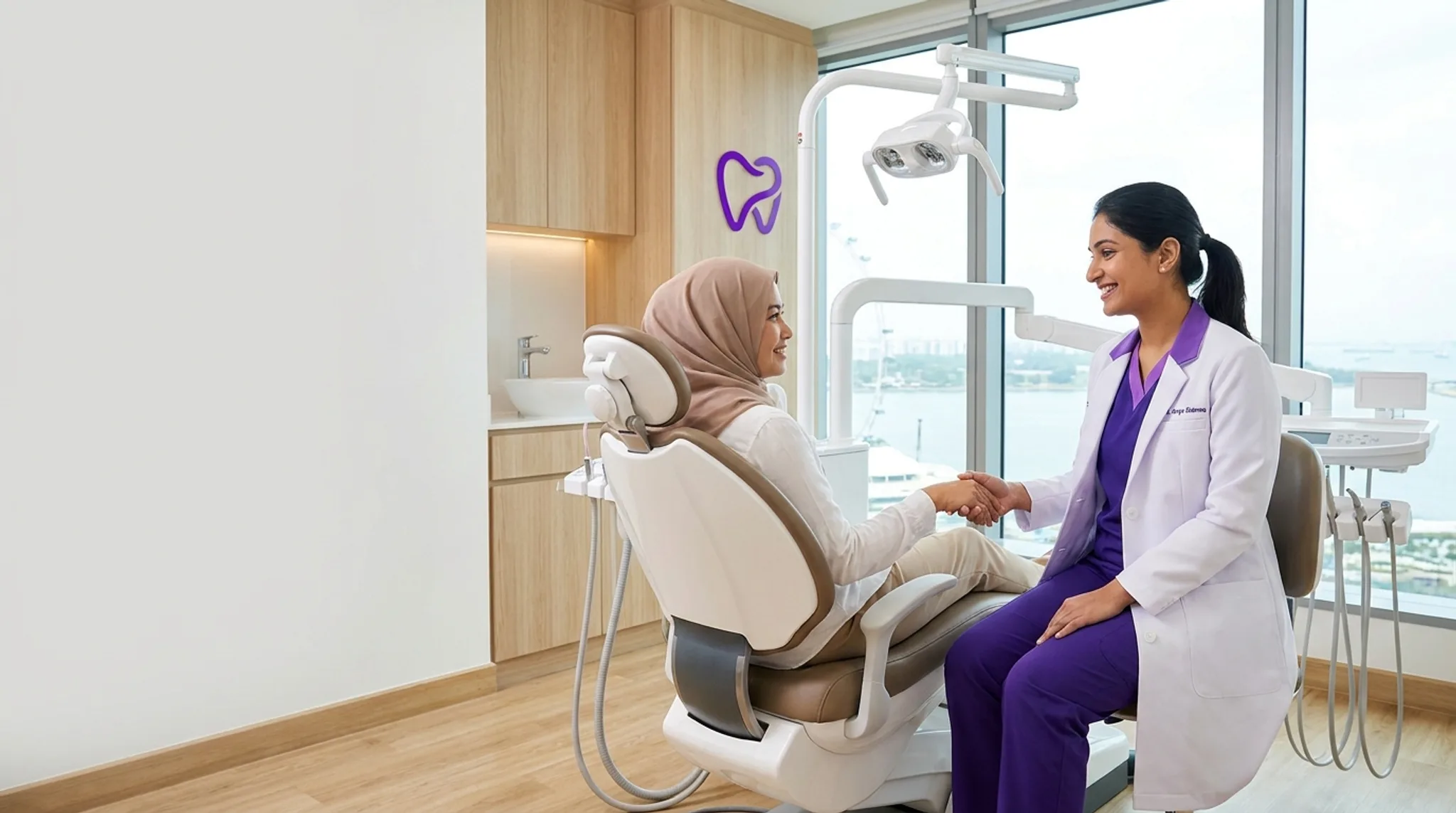 Dentist with a patient in a modern Singapore dental clinic, with a phone showing a dental clinic search nearby