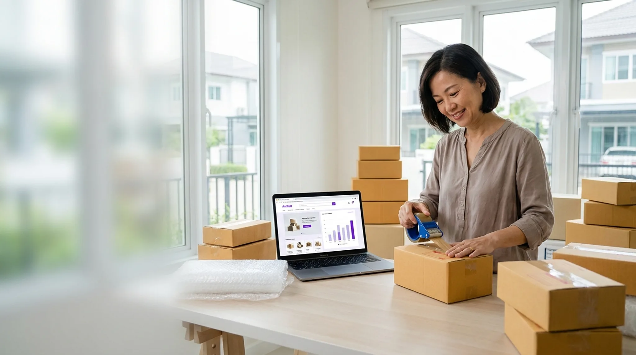 E-commerce product photos and a sales dashboard on a laptop in a Singapore home office showing Google Shopping results