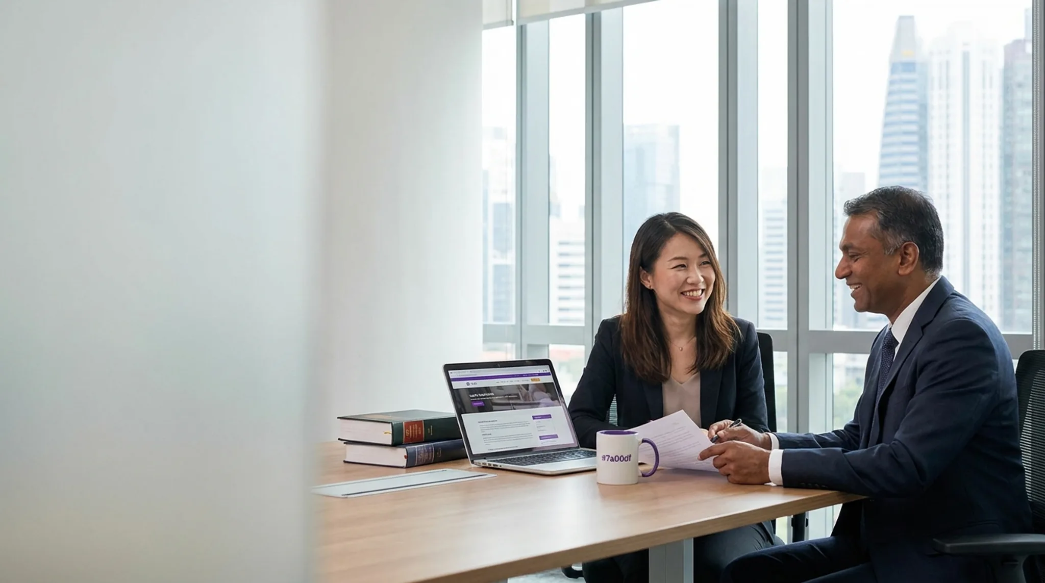 Singapore lawyer consulting a client in a modern office, with a laptop showing legal services search results