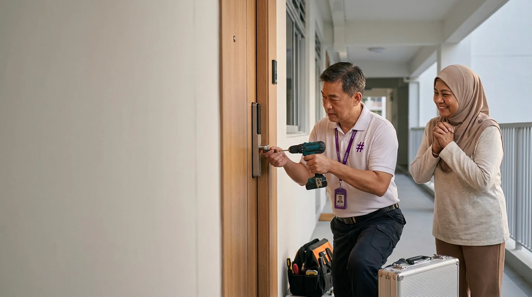 Locksmith working on a door lock at a Singapore HDB flat while a customer holds a phone showing an emergency locksmith search