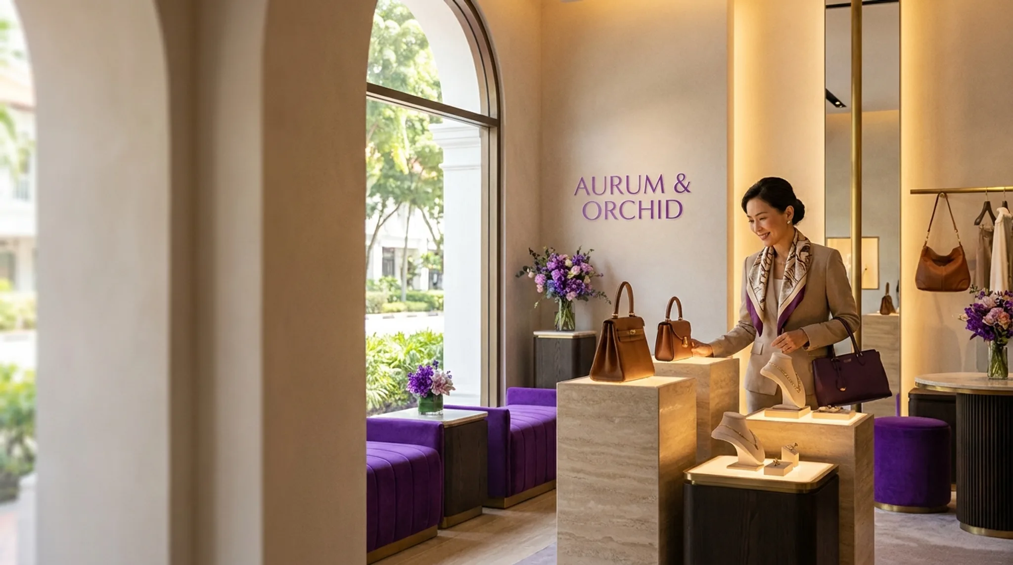 Luxury retail boutique display in Singapore with a tablet showing high-end product search results