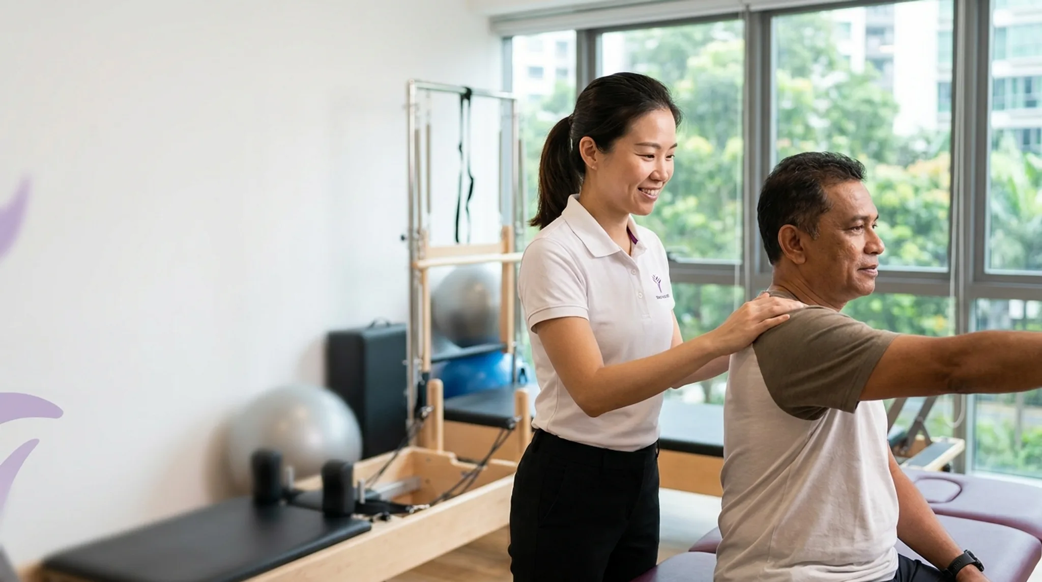 Physiotherapist treating a patient in a Singapore clinic, with a phone showing a physiotherapy clinic search nearby
